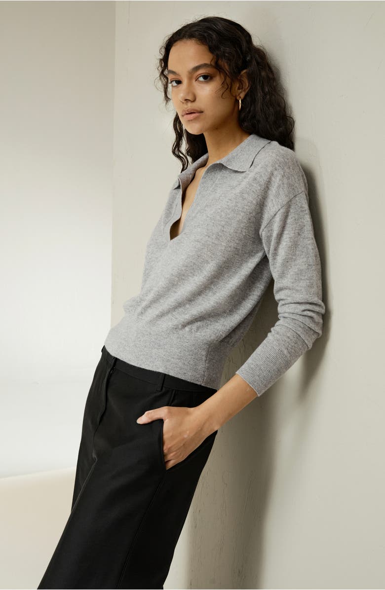 Lilysilk Women's V Neck Cashmere Polo Sweater, Alternate, color, Light Gray