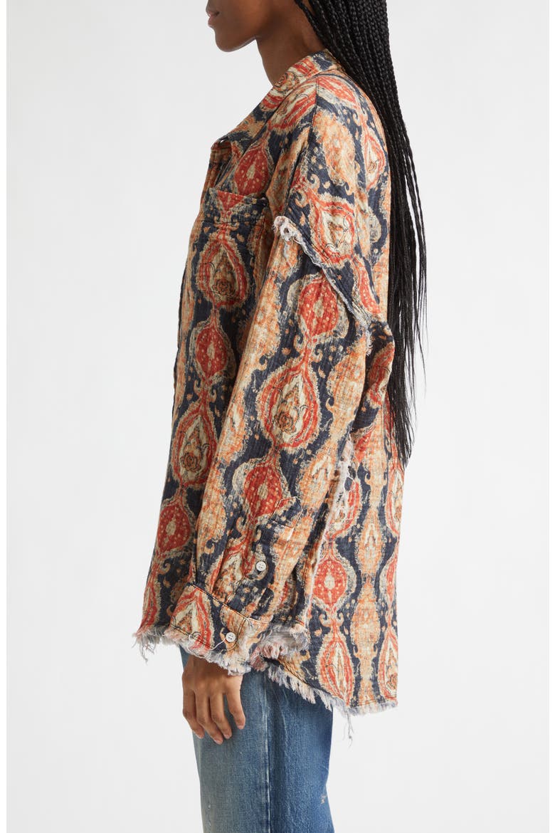 Shredded Seam Drop Neck Cotton Gauze Button-Up Shirt, Alternate, color, ORANGE DARK NAVY MULTICOLOR