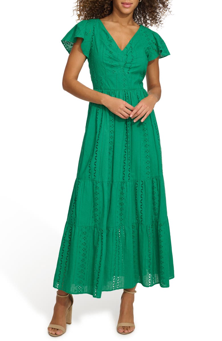 Kensie Embroidered Eyelet Flutter Sleeve Cotton Fit & Flare Maxi Dress, Main, color, 