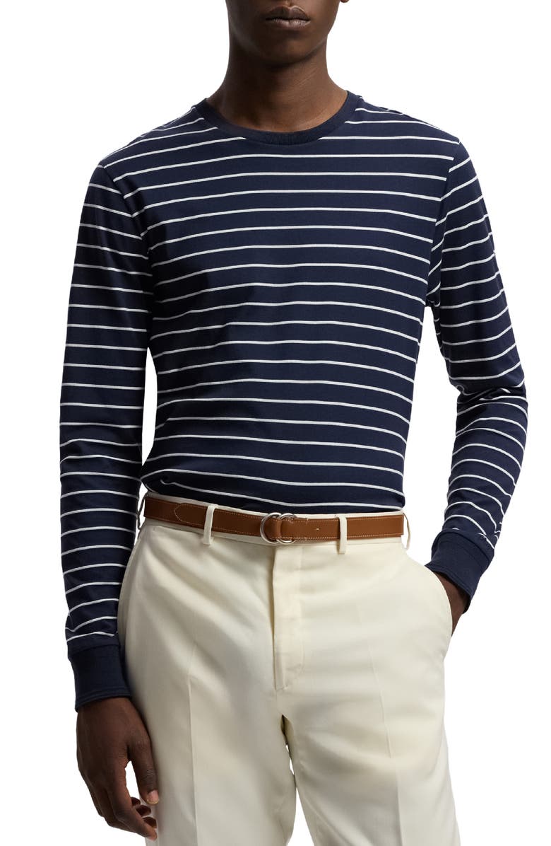 Ralph Lauren Purple Label Luxury Lisle Stripe Long Sleeve Cotton T-Shirt, Main, color, Classic Chairman Navy