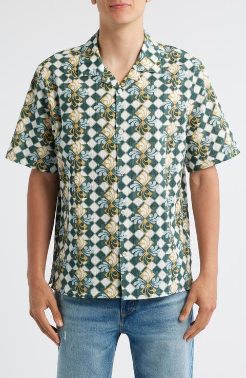 Didicot Geo Print Cotton Seersucker Camp Shirt