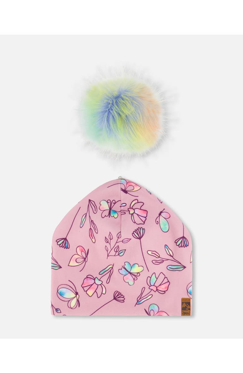 Deux par Deux Girl's Printed Jersey Detachable Pompom Hat Lilac And Multicolored Butterfly, Alternate, color, 