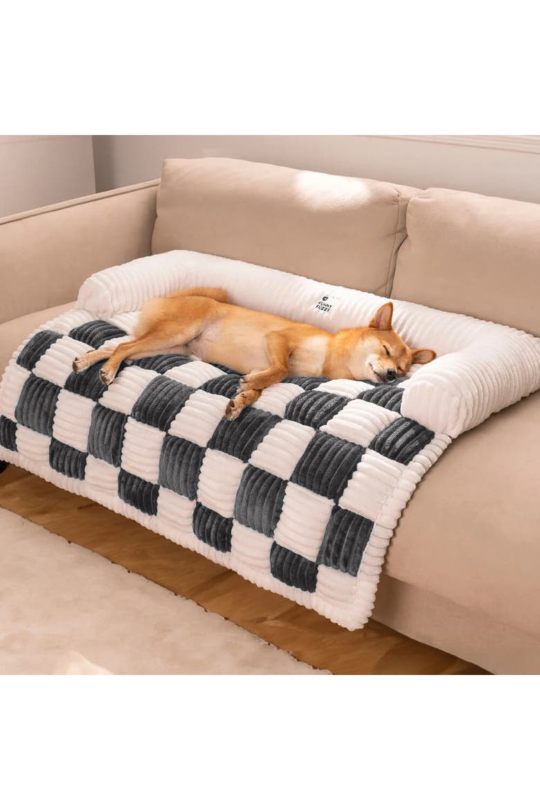 Cream Square Plaid Cozy Dog Mat Furniture Protector Cover, Alternate, color, Grey