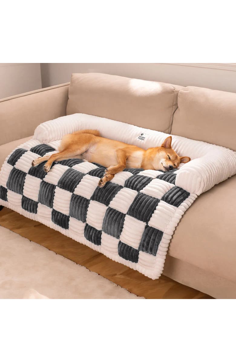 FunnyFuzzy Cream Square Plaid Cozy Dog Mat Furniture Protector Cover, Alternate, color, Grey