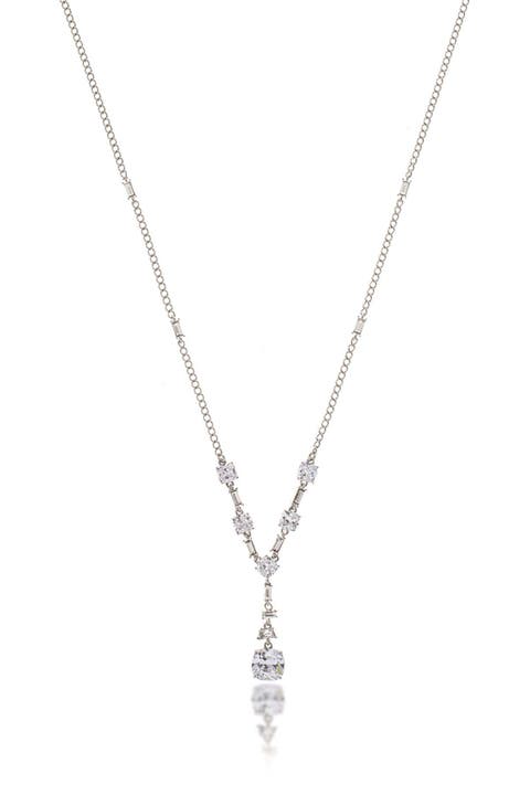 White Rhodium Clad Layered CZ Drop Necklace