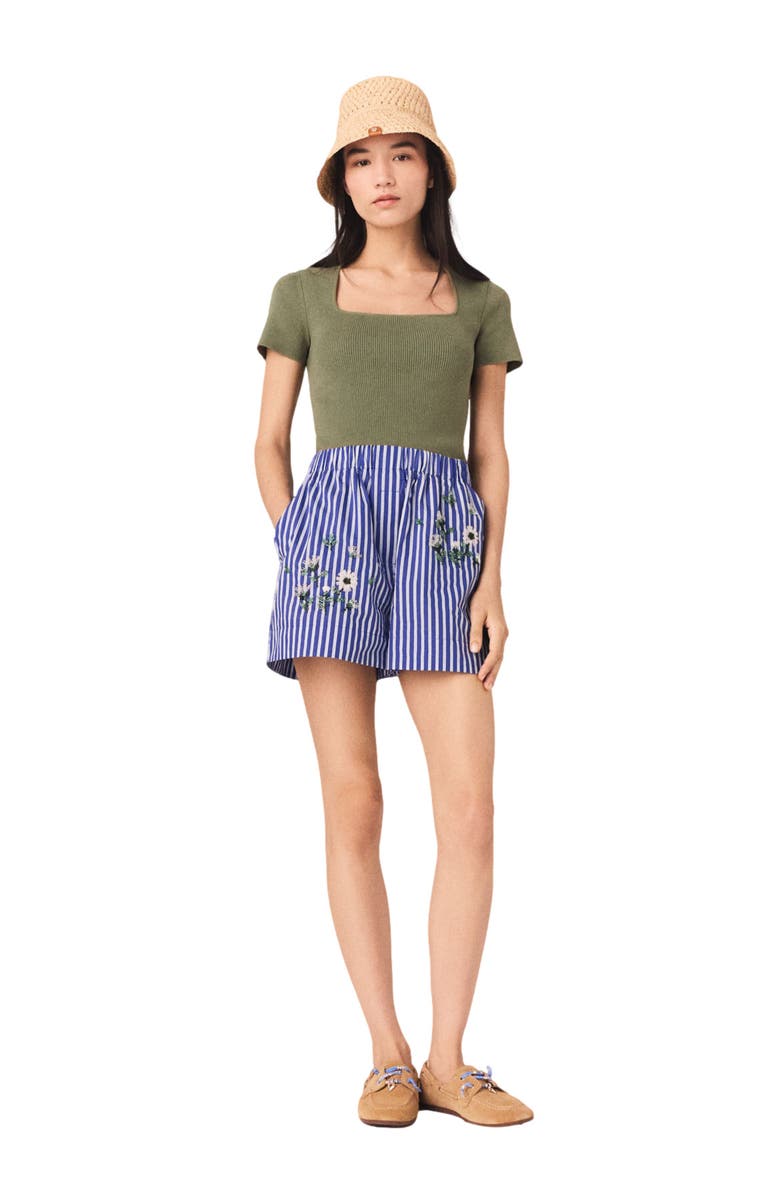 maje Embroidered striped cotton shorts, Main, color, White/Blue