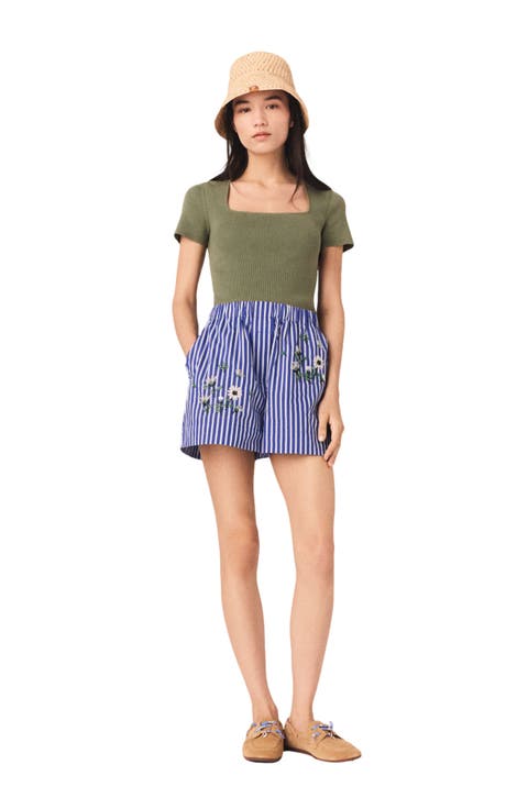 Embroidered striped cotton shorts