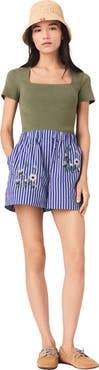 maje Embroidered striped cotton shorts