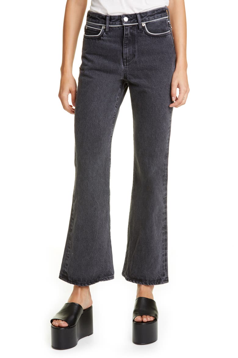 Piping Crop Flare Jeans, Main, color, MID BLACK WASH PIPING