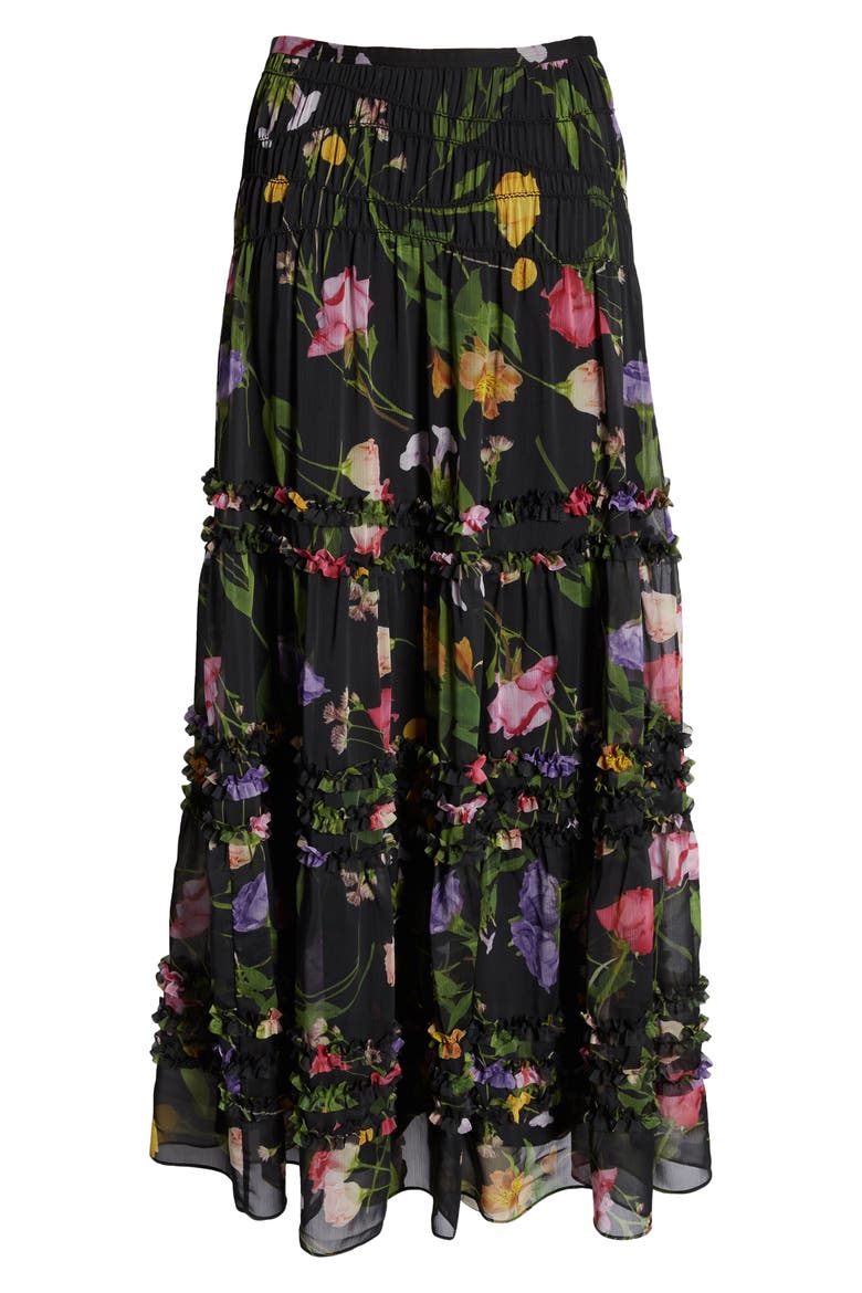 Thieaa Floral Ruffle Tiered Chiffon Skirt, Alternate, color, BLACK