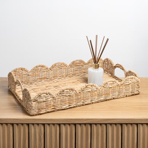 Happimess Scalloped 21.5" Southwestern Cottage Hand-woven Rattan Tray With Handles, Natural In Brown