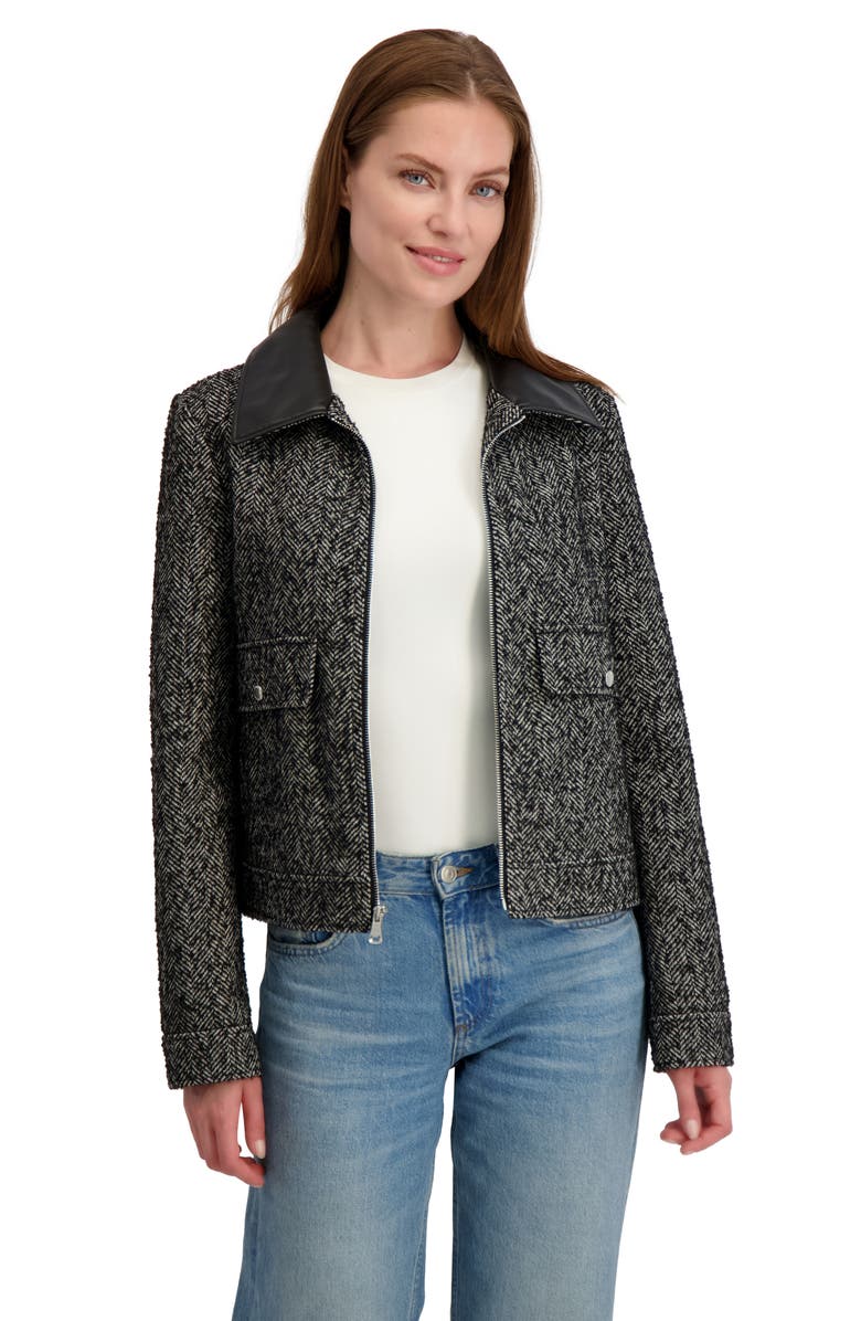 Laundry by Shelli Segal Herringbone Faux Leather Collar Jacket, Alternate, color, Black
