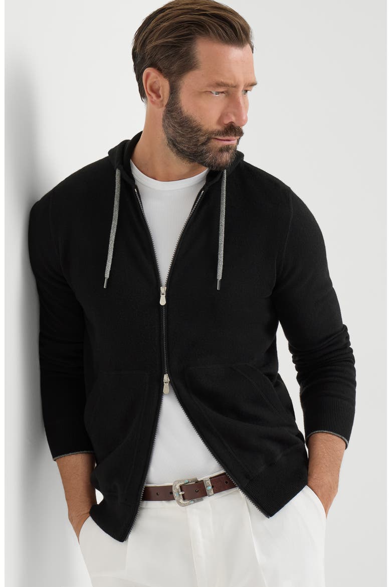 Cashmere sweatshirt-style cardigan with hood, Alternate, color, Black