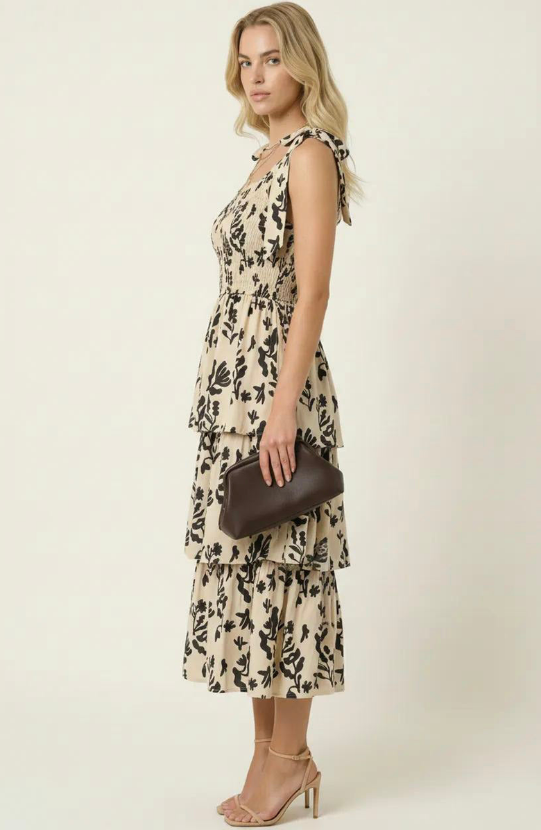 Modenaire Smocked Tiered Midi Dress with Bow-Tie Straps, Alternate, color, Ivory / Black Floral