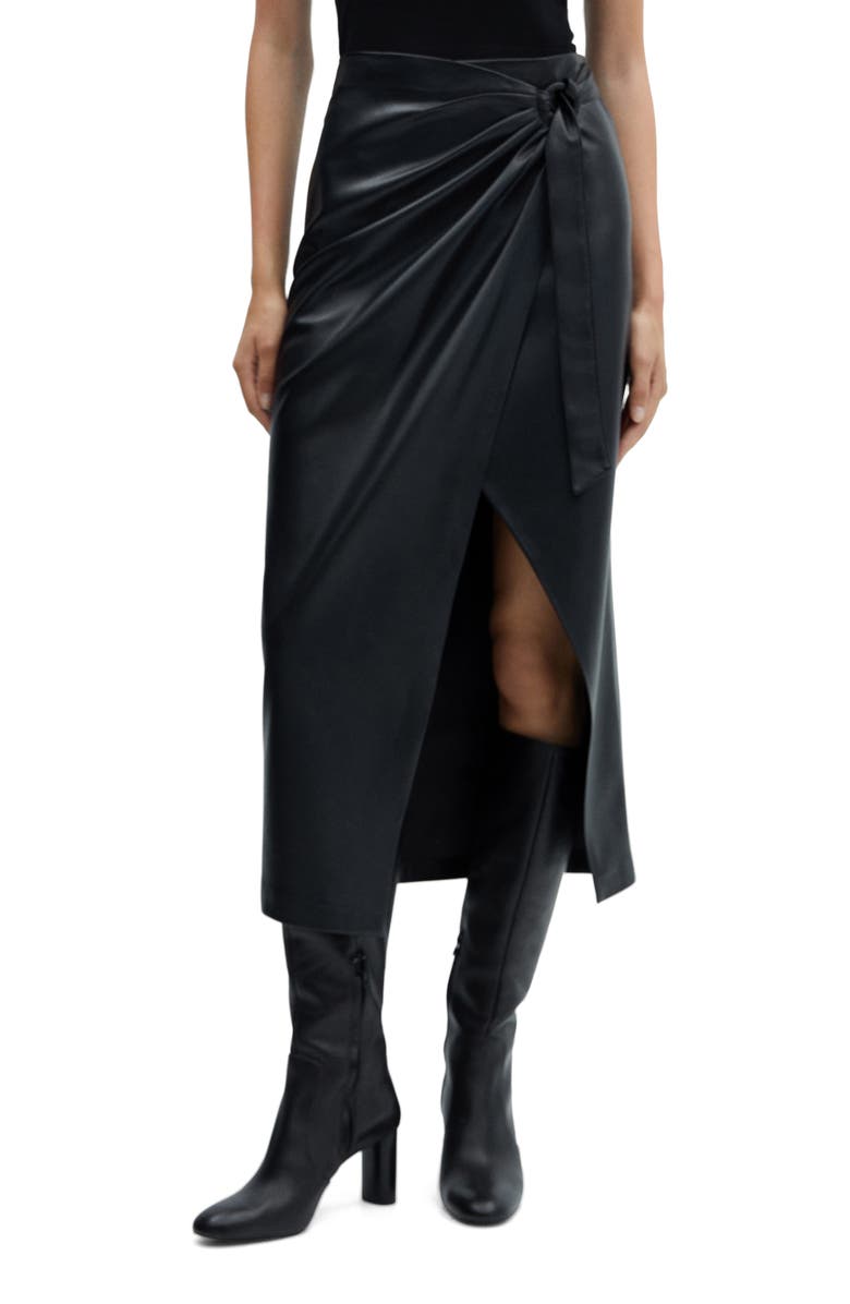 MANGO Draped Faux Leather Wrap Midi Skirt, Main, color, 