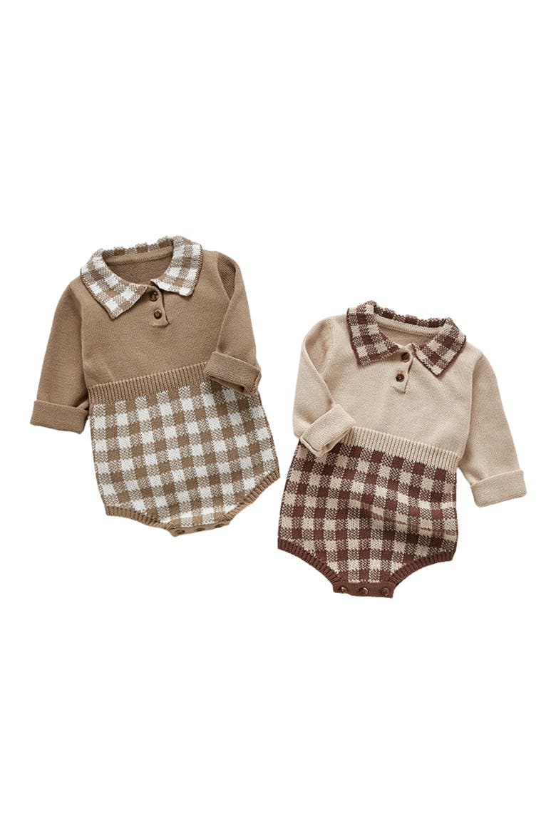 Hazel Gingham Long Sleeve Knit Cotton Bodysuit, Alternate, color, BEIGE