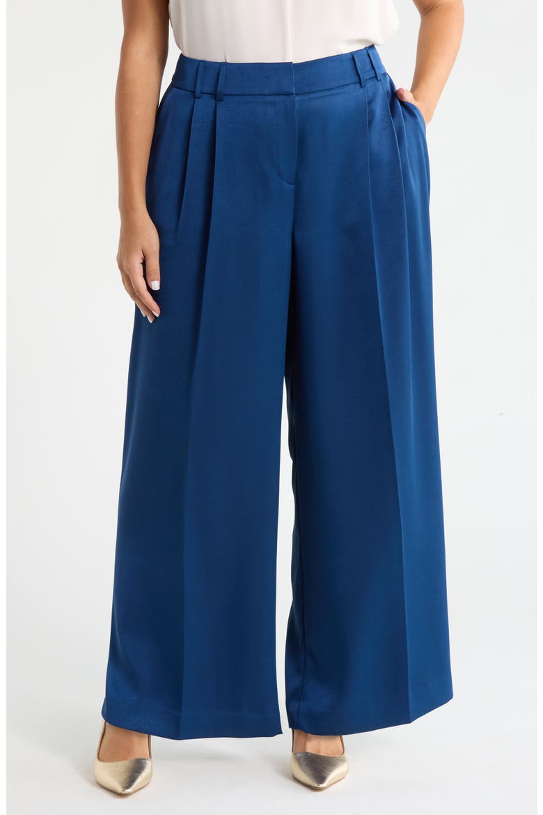 Pleated Satin Wide Leg Pants, Main, color, DEEP RIVER