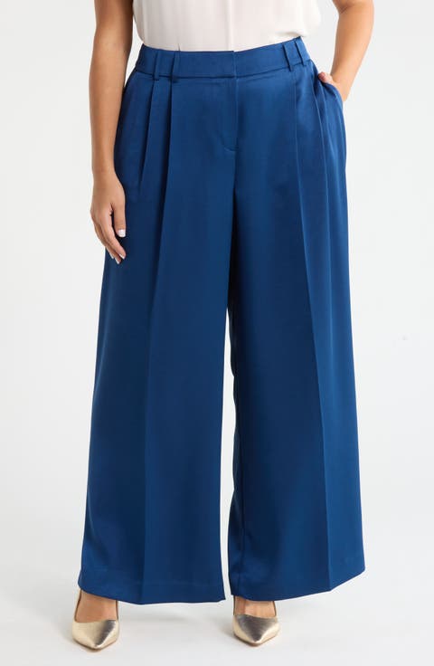 Pleated Satin Wide Leg Pants (Plus)