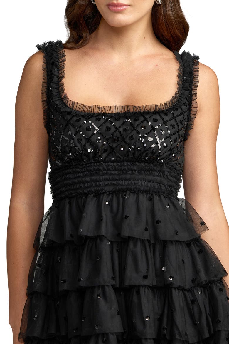 Sequin Tiered Ruffle Mini Dress, Alternate, color, Black