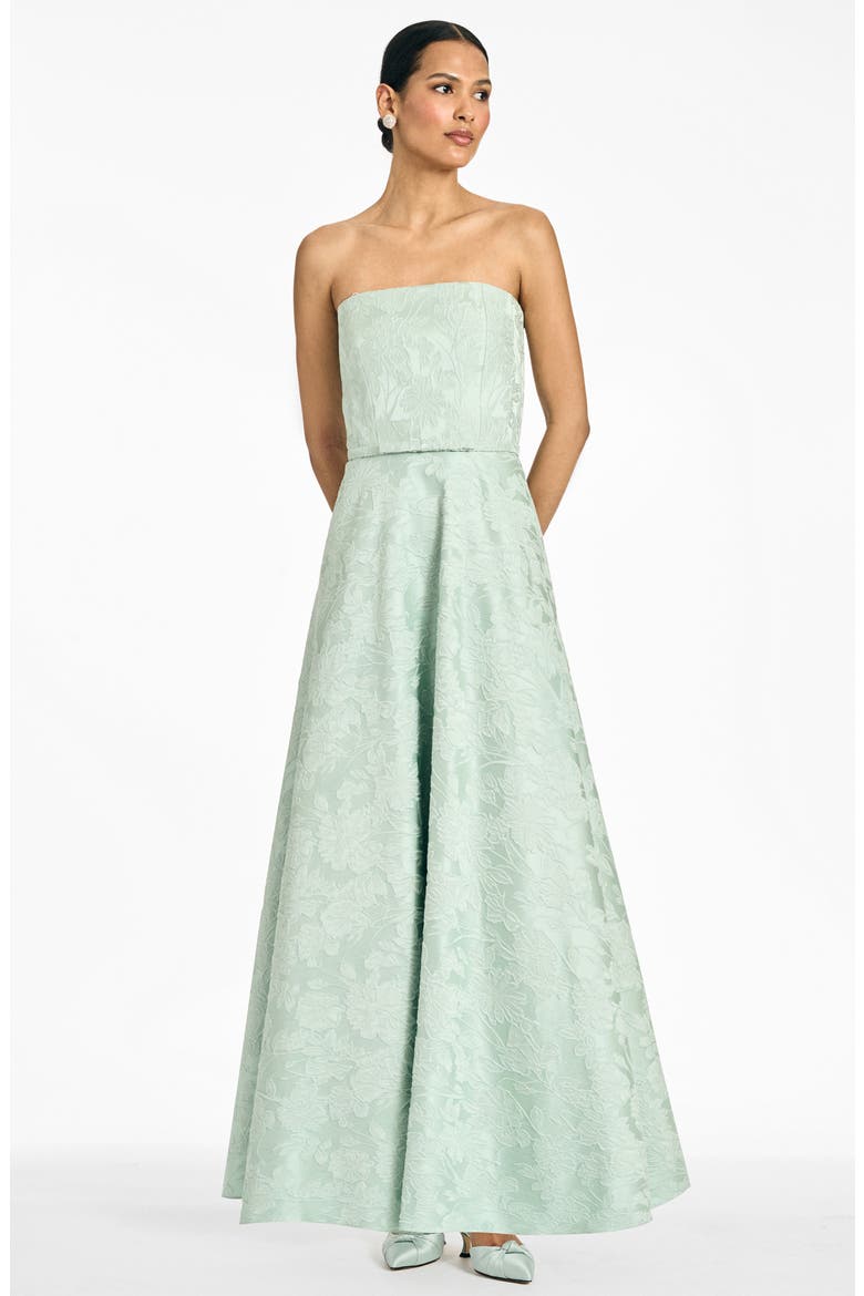 Darian Floral Jacquard Strapless Gown, Alternate, color, CELADON