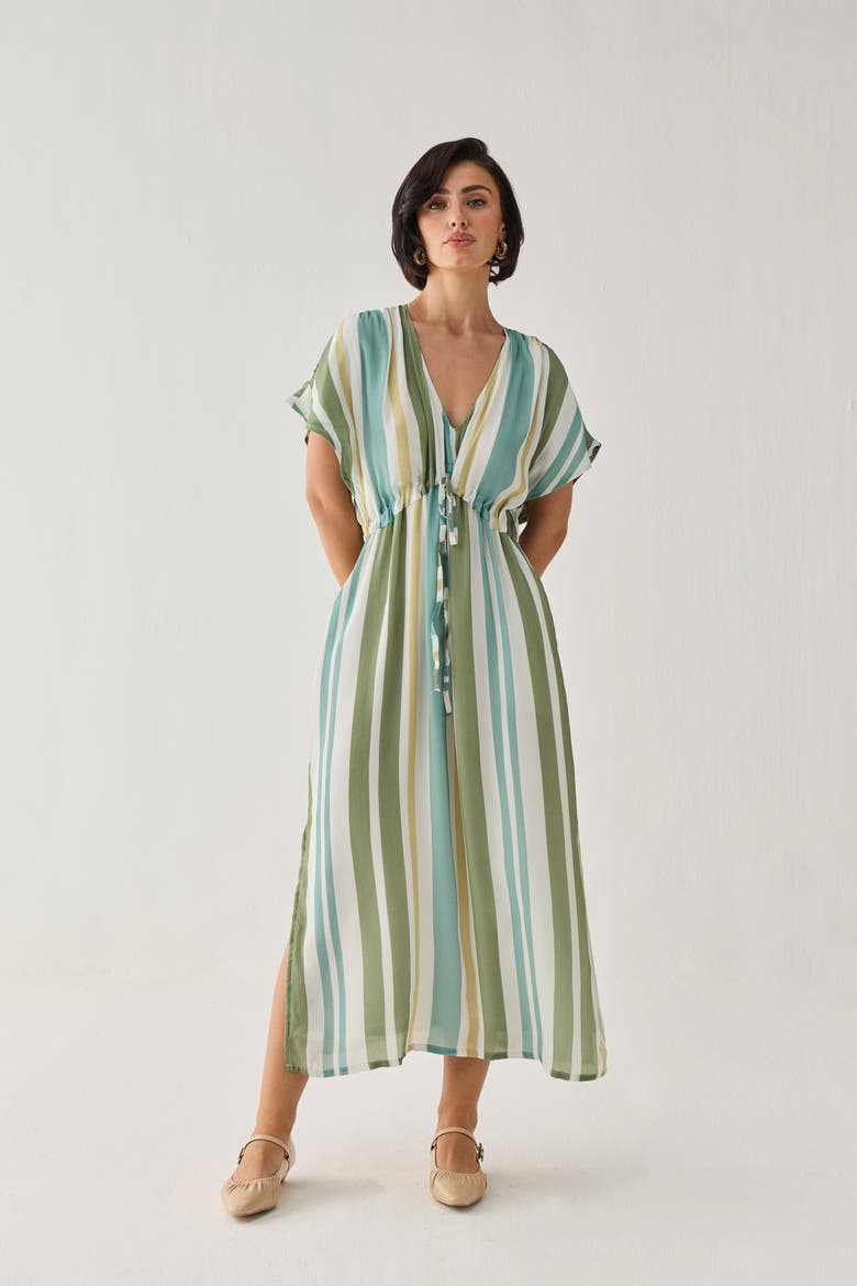 Gathered Striped Maxi Dress, Alternate, color, Sage & Sea Stripe