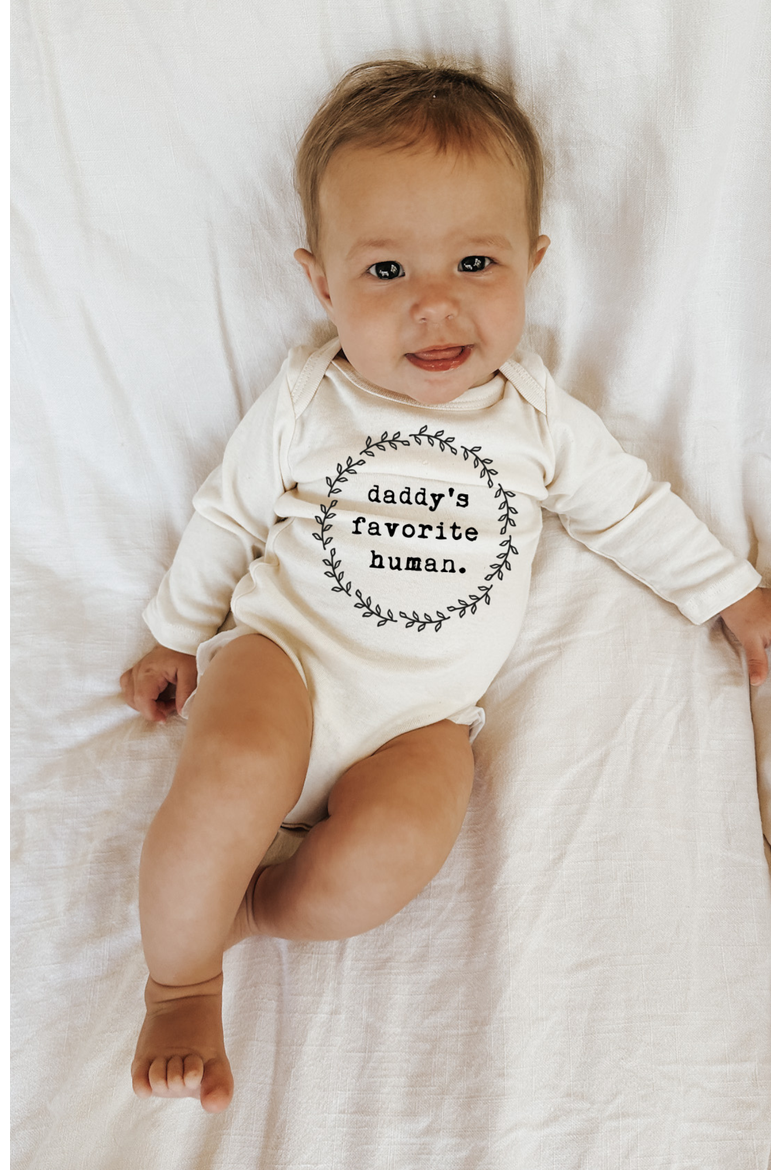 Daddy's Favorite Human - Organic Long Sleeve Baby Bodysuit, Alternate, color, Natural Black Lettering