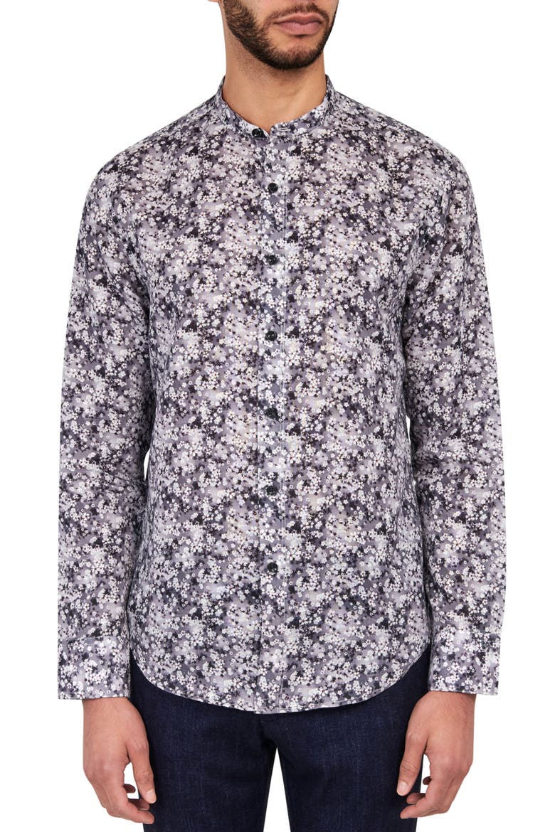 Slim Fit Cherry Blossom Linen Cotton Banded Collar Long Sleeve Shirt, Main, color, GREY
