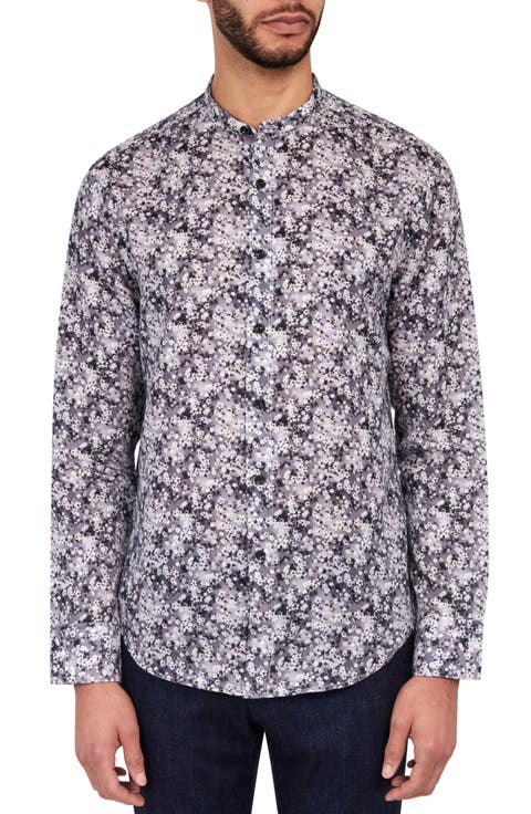 Slim Fit Cherry Blossom Linen Cotton Banded Collar Long Sleeve Shirt