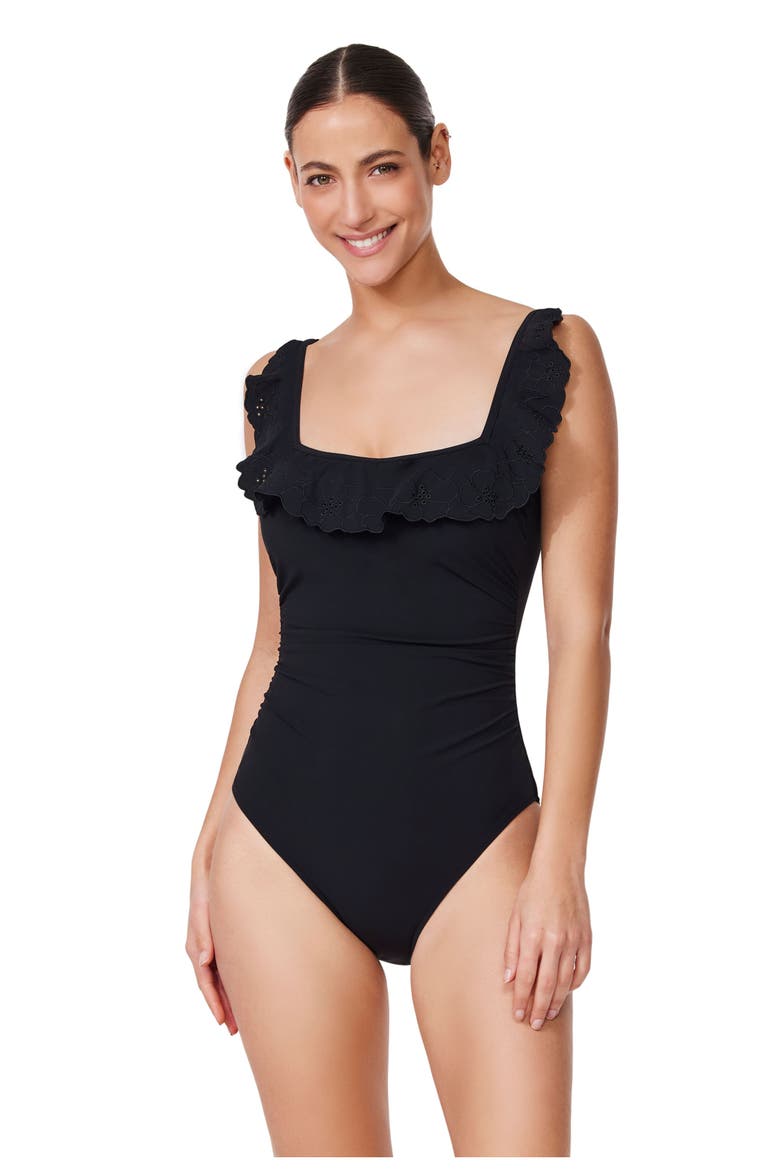 Bachelorette Square Neck Ruffle One Piece, Main, color, Black