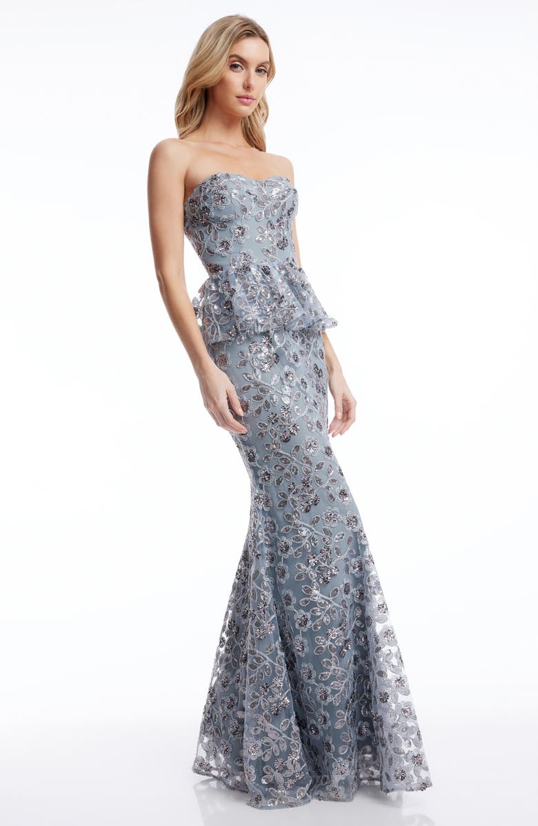 Dress the Population Scarlett Sequin Floral Peplum Mermaid Gown, Alternate, color, Graphite Blue Multi
