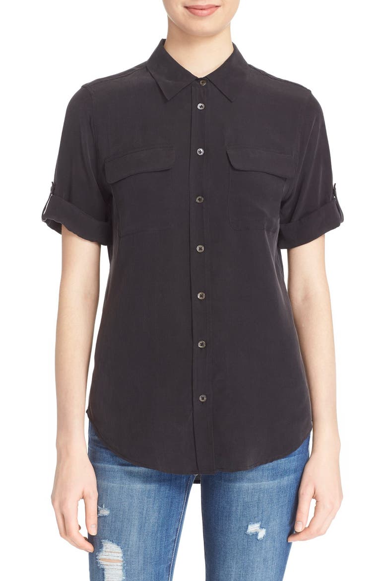 Slim Signature Short Sleeve Silk Shirt, Main, color, TRUE BLACK