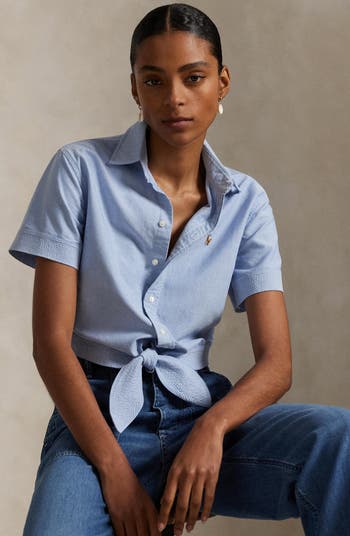 売れ筋商品|||ラルフローレン シャツ レディース トップス COTTON OXFORD TIE FRONT CROPPED SHIRT - Button-down blouse - white Cotton Oxford Tie-Front Cropped Shirt