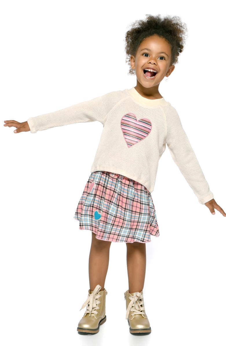 Truly Me Kids' Heart Sweatshirt & Plaid Skirt, Alternate, color, Natural Multi