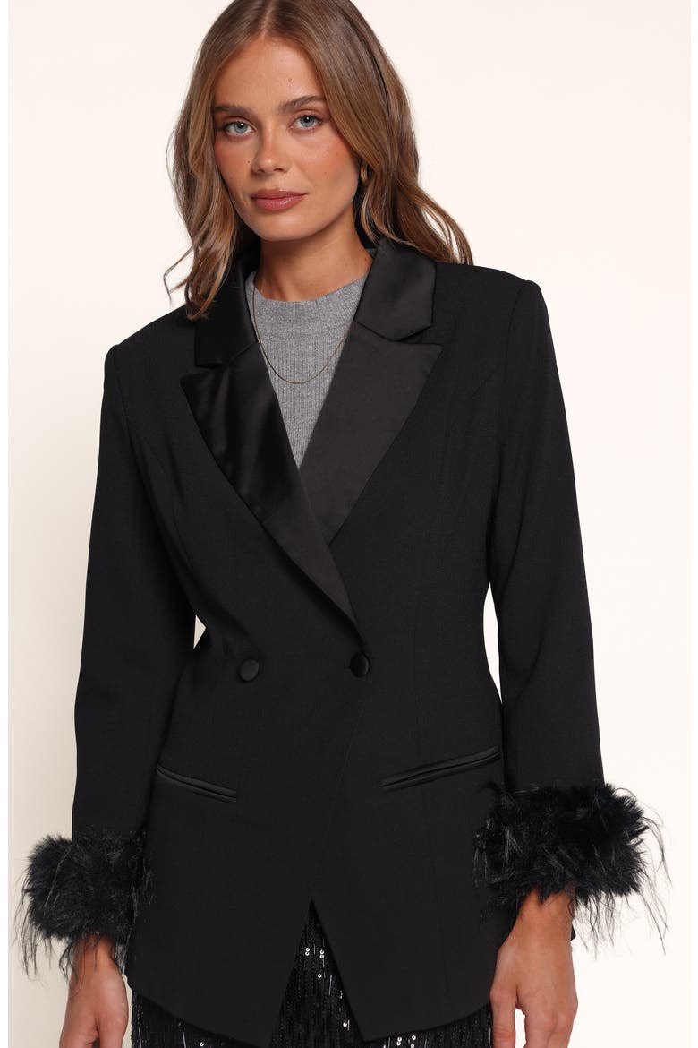 Coco Feather Trim Blazer, Alternate, color, BLACK