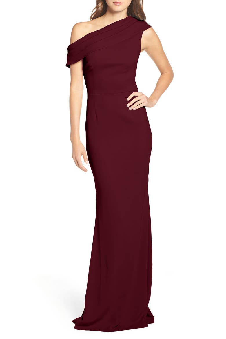 Layla Pleat One-Shoulder Crepe Gown, Main, color, BORDEAUX