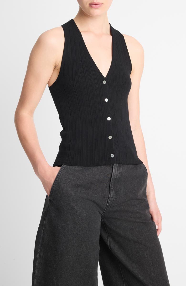 Vince Rib Button-Up Cotton Sweater Vest, Alternate, color, Black