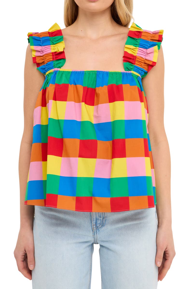 English Factory Rainbow Check Ruffle Strap Cotton Tank, Alternate, color, Multi