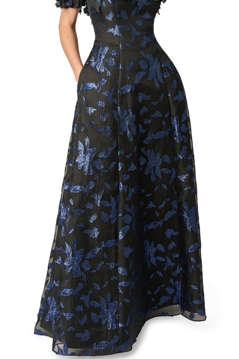 Metallic Jacquard Organza Off the Shoulder Gown, Alternate, color, NAVY/BLACK