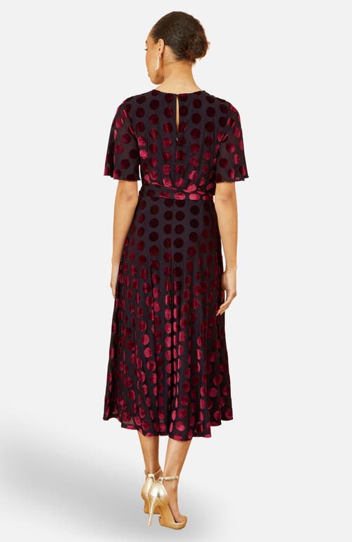 Yumi Velour Spot Midi Skater Dress In Burgundy