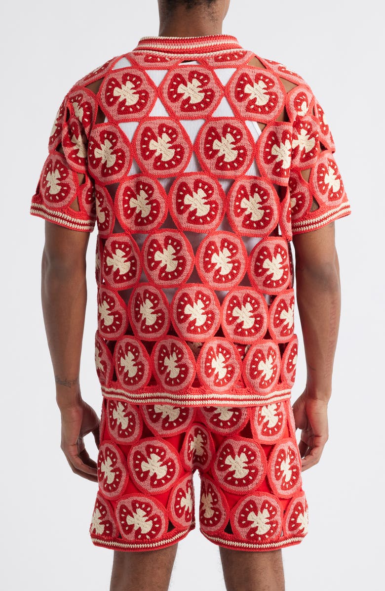 MAVRANS Ciao Medallion Crochet Short Sleeve Organic Cotton Snap-Up Shirt, Alternate, color, 