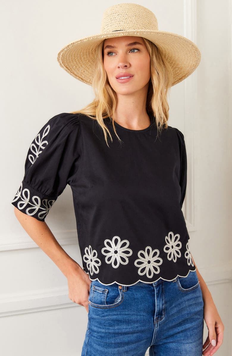 Karen Kane Embroidered Scallop Puff Sleeve Cotton Top, Alternate, color, Black/ Cream
