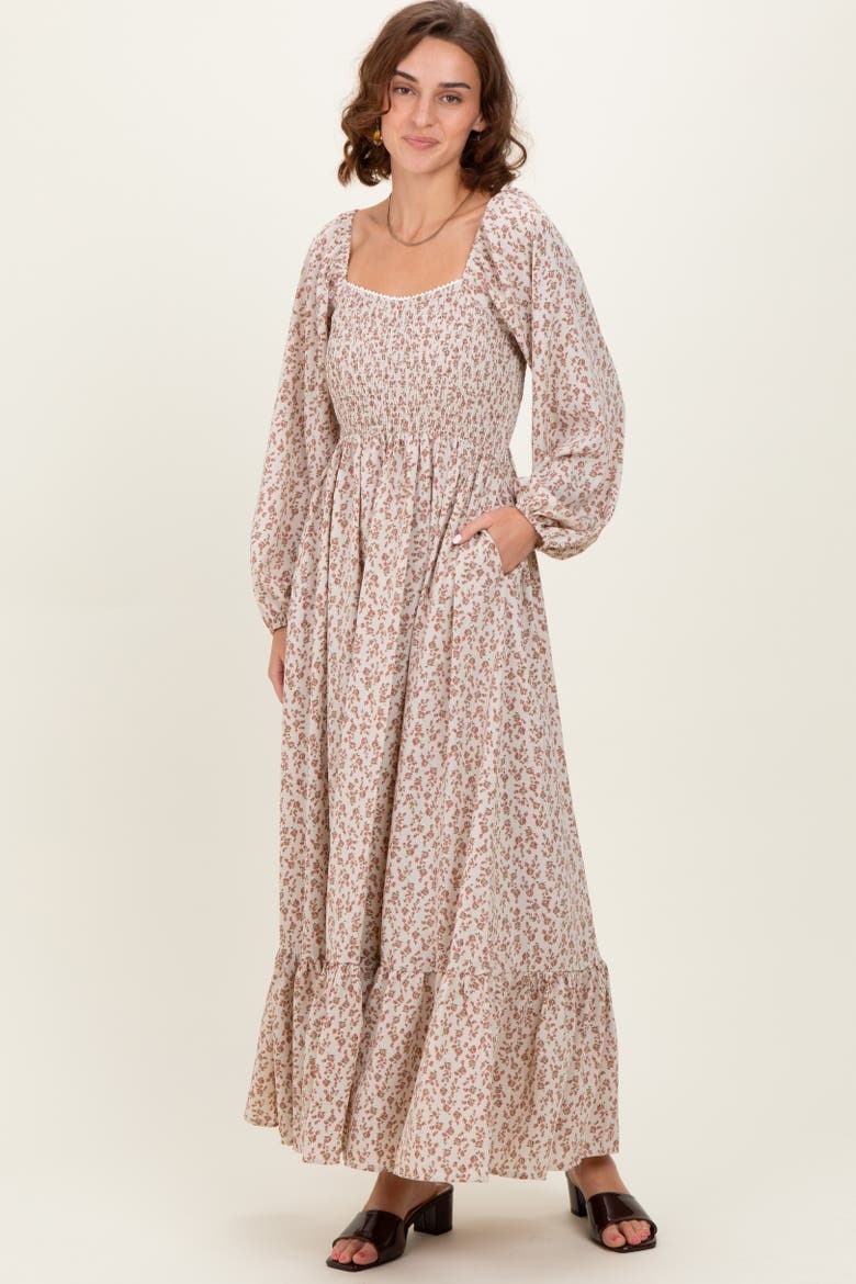 Floral Smocked Lace Trim Sweetheart Maxi Dress, Main, color, Pink