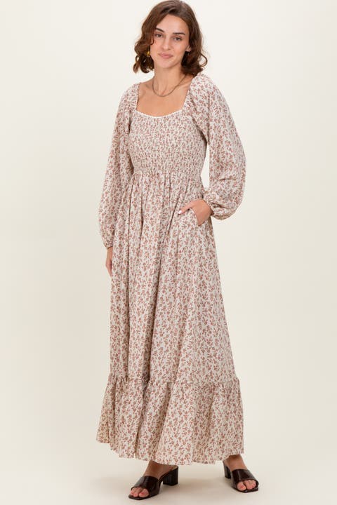 Floral Smocked Lace Trim Sweetheart Maxi Dress