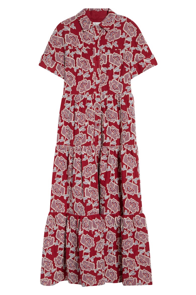 Floral Embroidered Tiered Cotton Blend Midi Shirtdress, Alternate, color, CHERRY