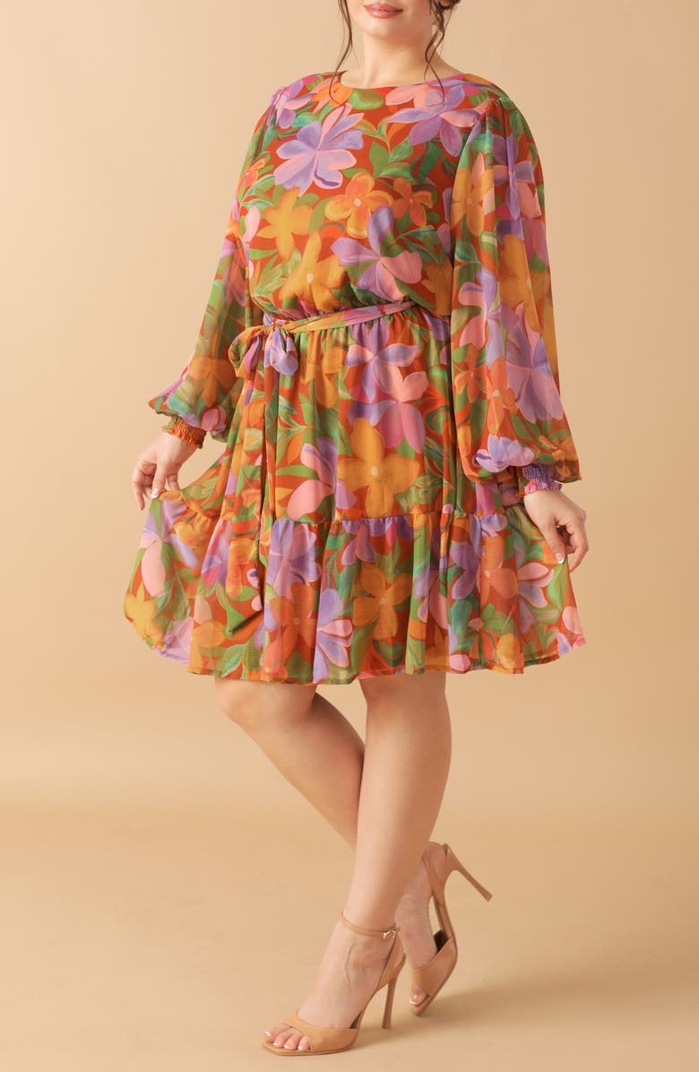 FLYING TOMATO Long Sleeve Print Minidress, Alternate, color, Rust