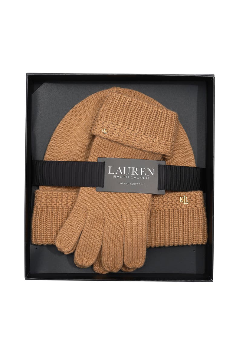 Racking Stitch Knit Beanie And Glove Giftset, Main, color, Classic Camel