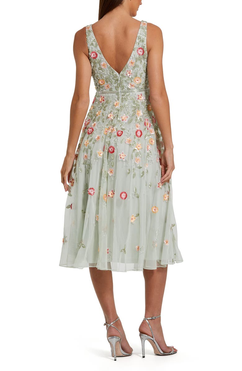 Mac Duggal V-Neck Sleeveless Midi Floral Beaded A-Line Dress, Alternate, color, Sage Multi