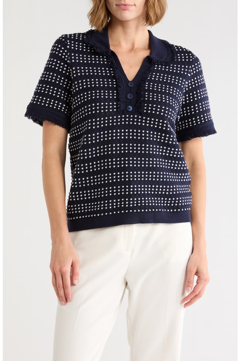 Fringe Trim Textured Polo Sweater, Main, color, NAVY/ IVORY