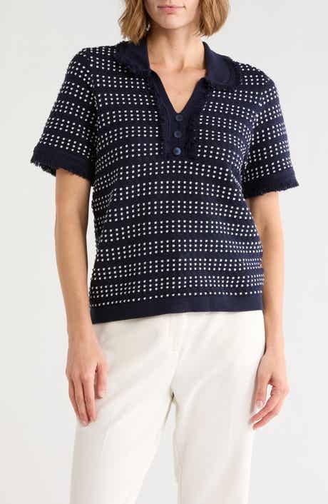 Fringe Trim Textured Polo Sweater