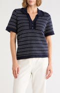 Adrianna Papell Fringe Trim Textured Polo Sweater